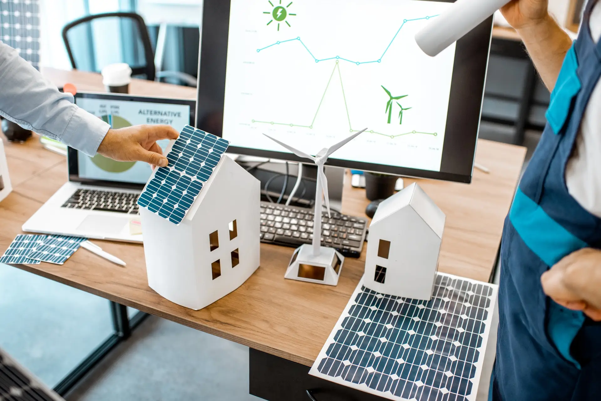working on alternative energy project in the office